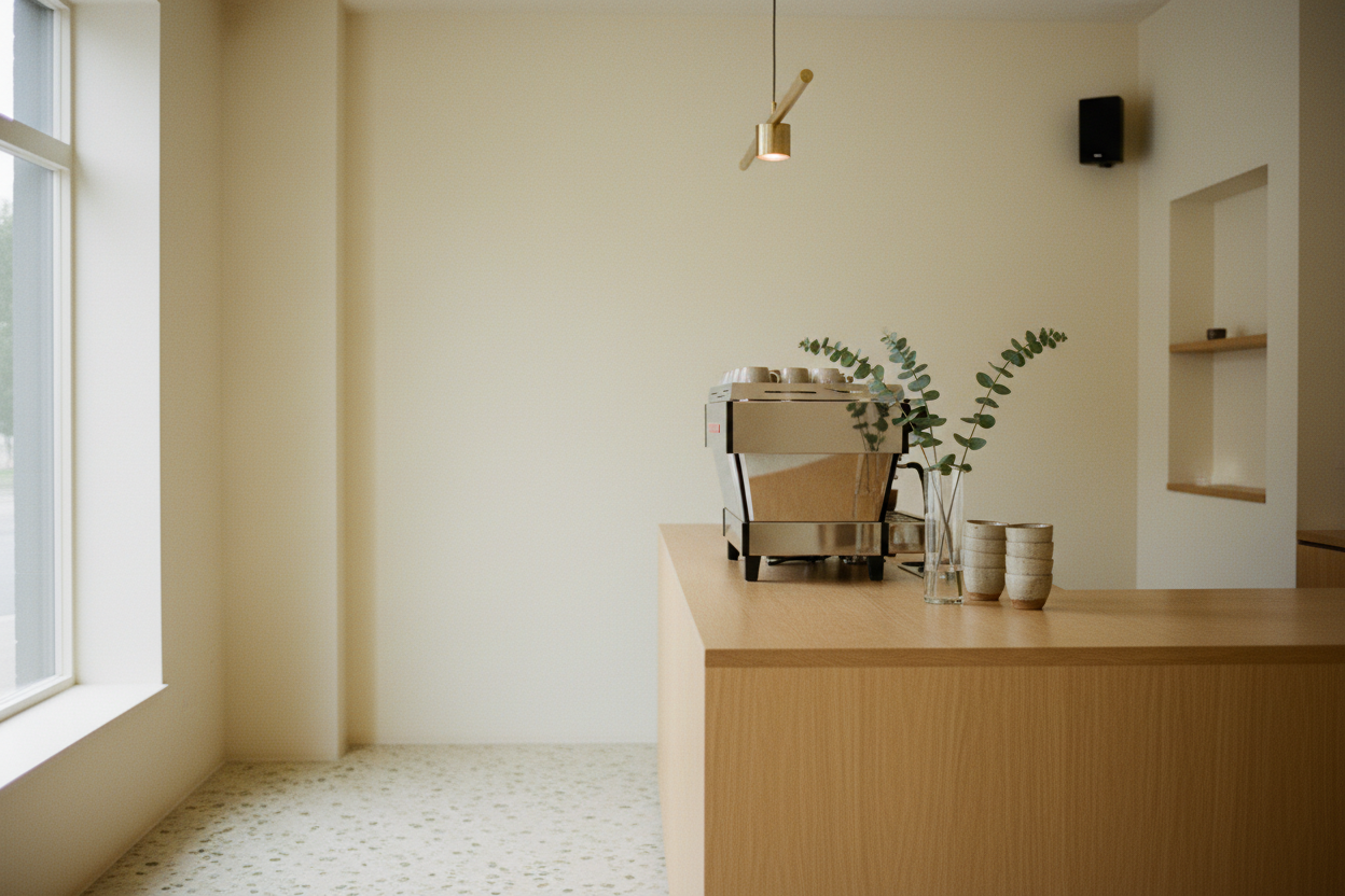 Minimalistiskt boutique-café i morgonljus