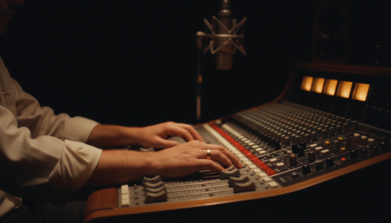 Händer på ett analogt mixerbord i ett studio-mörker